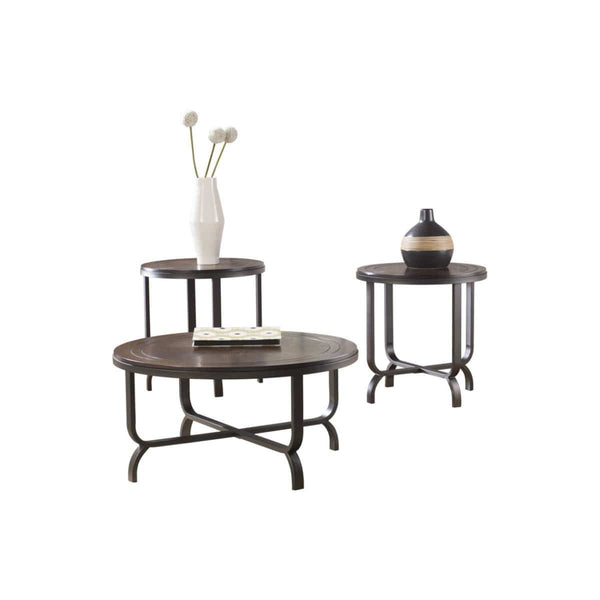 Round Wooden Table Set with Crossbar Metal Base, Set of Three, Brown and Black-Accent Tables-Brown and Black-Wood-JadeMoghul Inc.