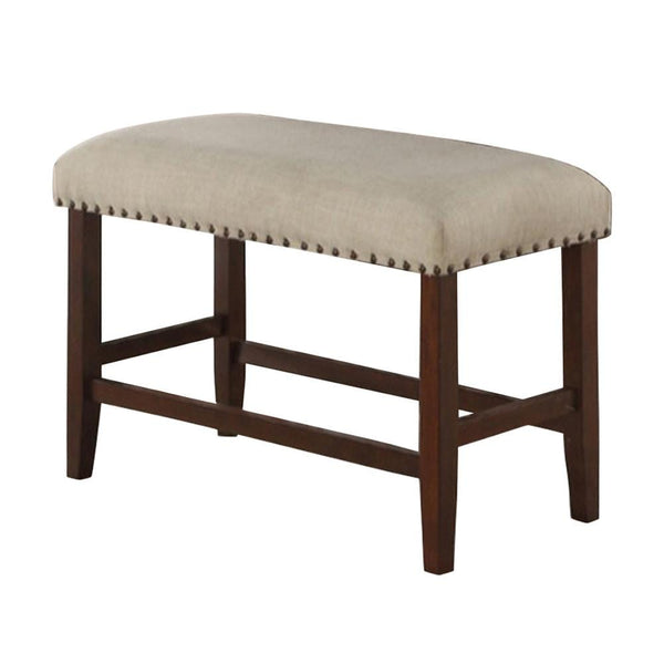 Rubber Wood High Bench with Cream Upholstery Brown-Accent and Storage Benches-Brown and Cream-Rubber Wood-JadeMoghul Inc.