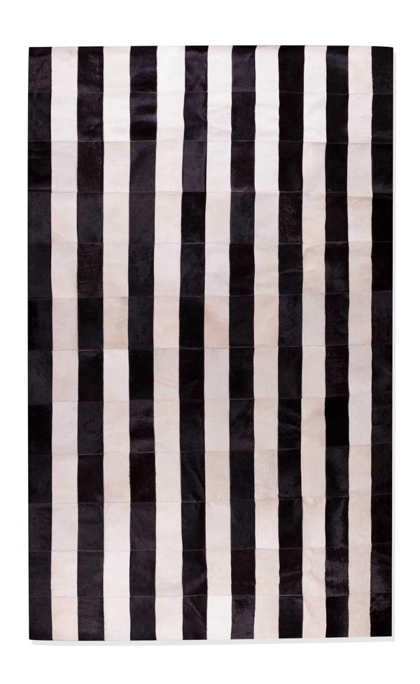 Rugs Black and White Rug - 96" x 120" Black and White, Striped Natural Stitched Hide - Area Rug HomeRoots