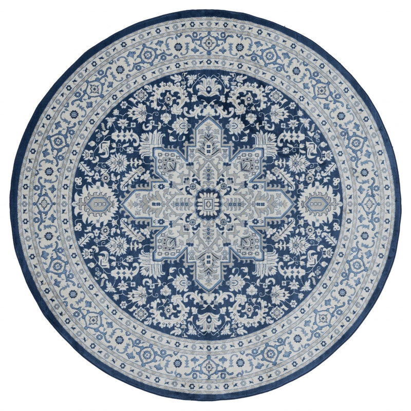 Rugs Blue Rug 94" x 94" x 0.31" Denim Blue Olefin Round Rug 8259 HomeRoots