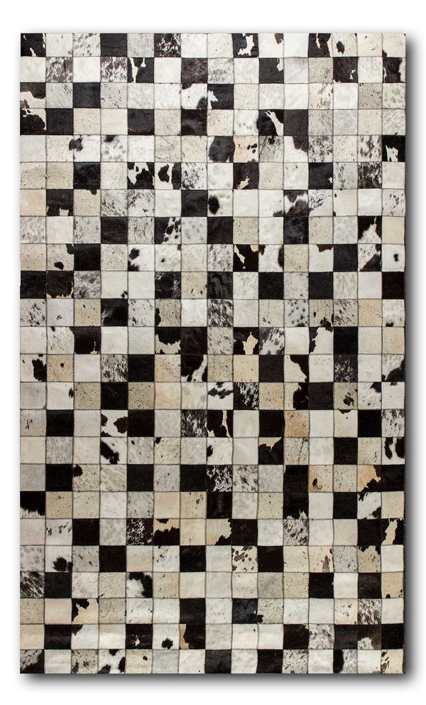 Rugs Brown Rug - 96" x 120" Black and White, 4" Square Patches, Cowhide - Area Rug HomeRoots