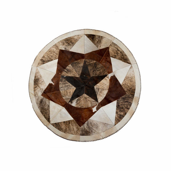 Rugs Cow Rug - 60" x 60" Tricolor, Tri-Star Stitch, Round, Cowhide - Area Rugs HomeRoots