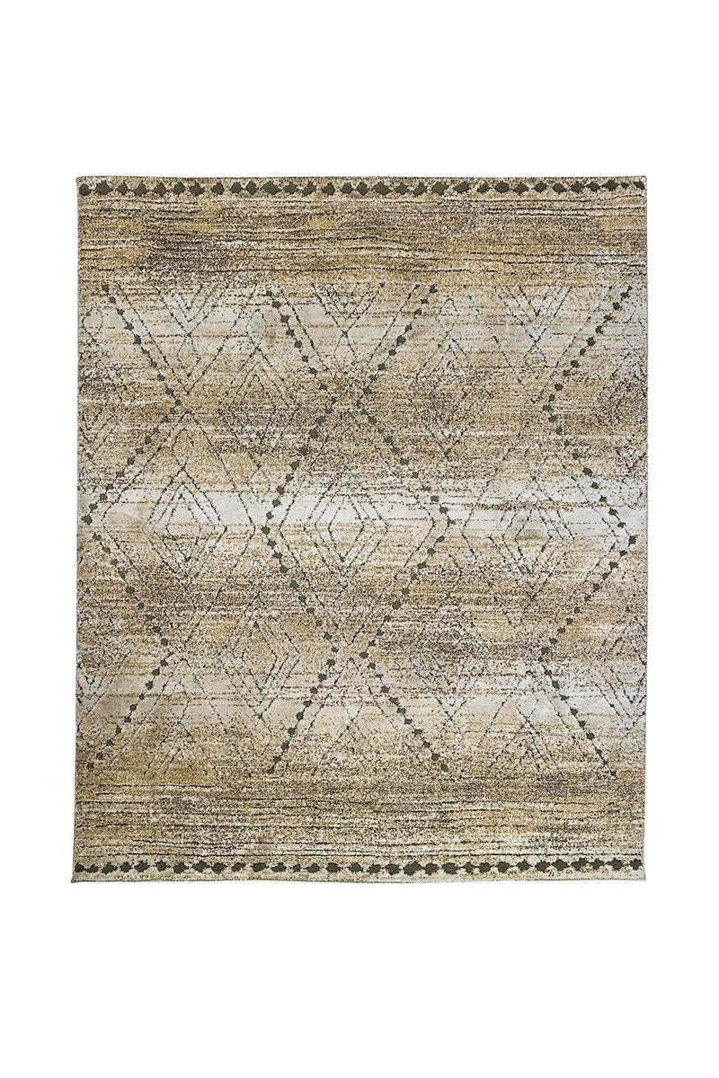 Rugs Recycled Polyester Area Rug With Geometric Pattern, Gray and Beige Benzara