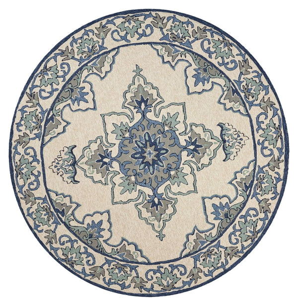 Rugs Rugs USA 7'6" Round UV-treated Polypropylene Ivory/Blue Area Rug 4131 HomeRoots
