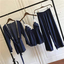 Satin Pajamas for Women Elegant 3Pieces Sleepwear Female Sexy Lace At All Seasons Silk Pajamas Set Coat+Vest+Pants 2018 Pijama AExp