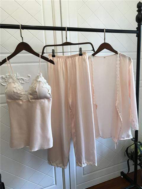 Satin Pajamas for Women Elegant 3Pieces Sleepwear Female Sexy Lace At All Seasons Silk Pajamas Set Coat+Vest+Pants 2018 Pijama AExp
