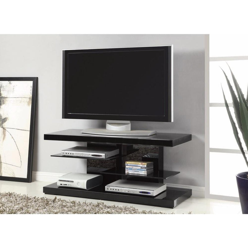Scintillating Modern TV Stand with Alternating Glass Shelves, Black-Entertainment Centers and Tv Stands-BLACK-GLASS-JadeMoghul Inc.