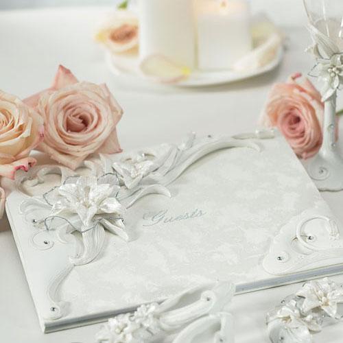 Sculptural White Tiger Lilies Traditional Guest Book (Pack of 1)-Wedding Reception Accessories-JadeMoghul Inc.