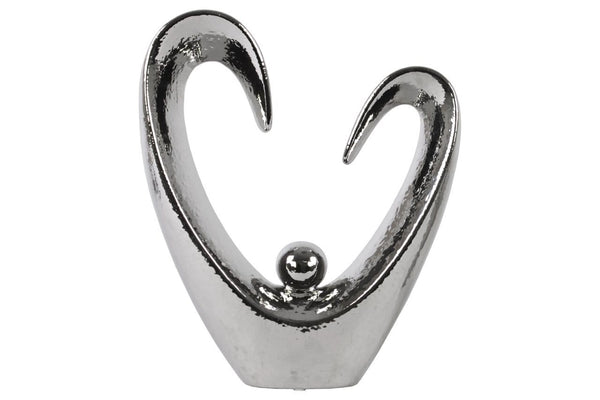 Sculptures Open Heart Abstract Sculpture With Round Figurine In Center, Large, Silver Benzara