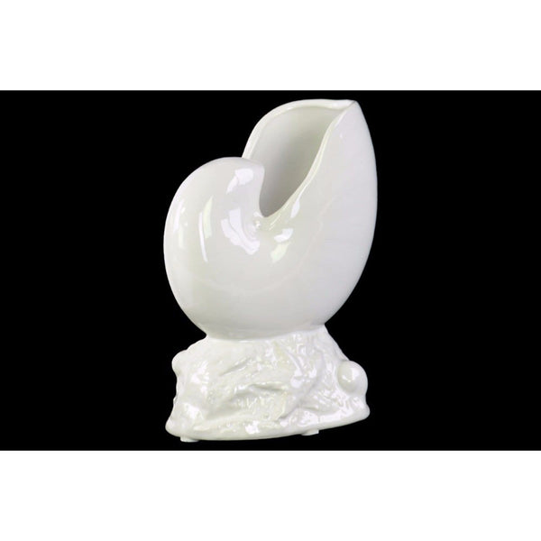 Sculptures Porcelain Nautilus Seashell Sculpture on Coastal Base - White - Benzara Benzara