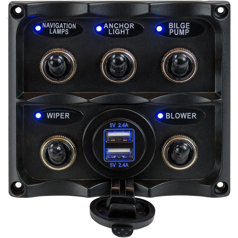 Sea-Dog Water Resistant Toggle Switch Panel w-USB Power Socket - 5 Toggle [424617-1]-Electrical Panels-JadeMoghul Inc.