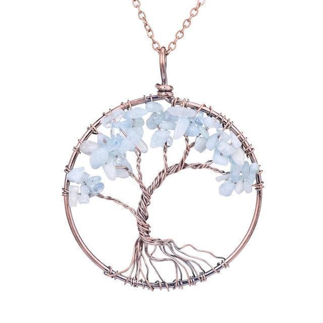 SEDmart 7 Chakra Tree Of Life Pendant Necklace Copper Crystal Natural Stone Necklace Women Christmas Gift-Aquamarine-JadeMoghul Inc.