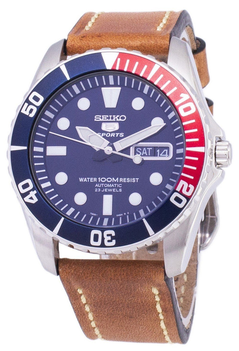Seiko 5 Sports SNZF15K1-LS17 Automatic Brown Leather Strap Men's Watch-Branded Watches-Blue-JadeMoghul Inc.