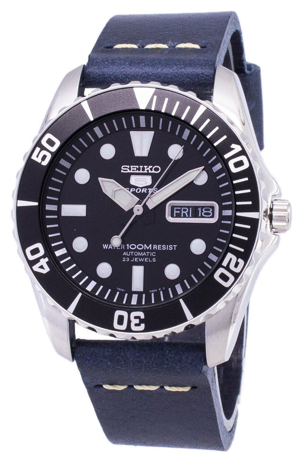 Seiko 5 Sports SNZF17K1-LS15 Automatic Dark Blue Leather Strap Men's Watch-Branded Watches-Black-JadeMoghul Inc.