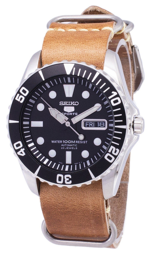 Seiko 5 Sports SNZF17K1-LS18 Automatic Brown Leather Strap Men's Watch-Branded Watches-Blue-JadeMoghul Inc.
