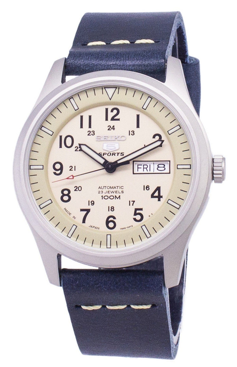 Seiko 5 Sports SNZG07J1-LS15 Military Japan Made Dark Blue Leather Strap Men's Watch-Branded Watches-White-JadeMoghul Inc.
