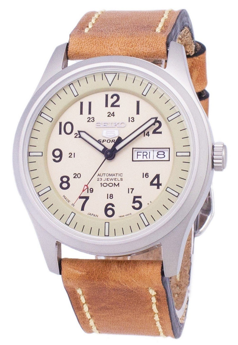Seiko 5 Sports SNZG07J1-LS17 Military Japan Made Brown Leather Strap Men's Watch-Branded Watches-Black-JadeMoghul Inc.