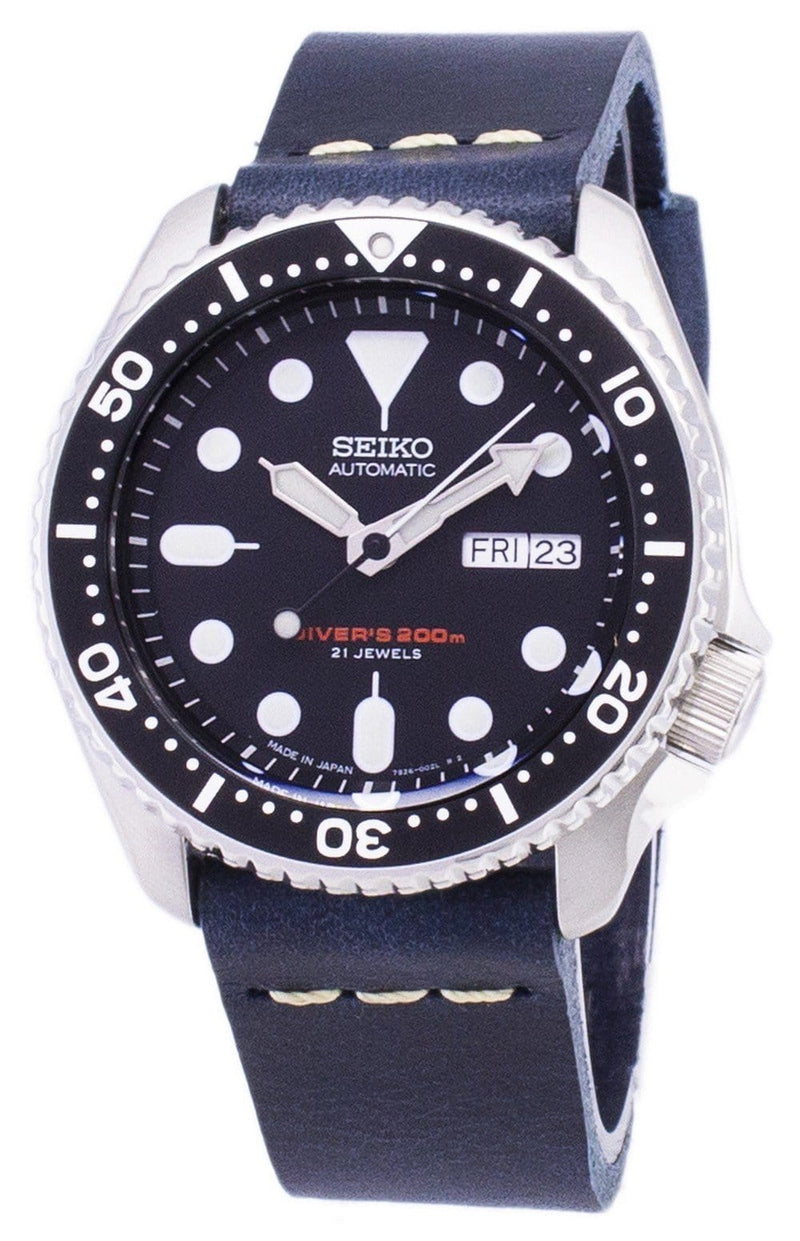 Seiko Automatic SKX007J1-LS15 Diver's 200M Japan Made Dark Blue Leather Strap Men's Watch-Branded Watches-Black-JadeMoghul Inc.