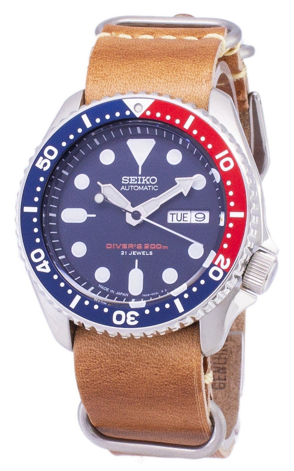 Seiko Automatic SKX009J1-LS18 Diver's 200M Japan Made Brown Leather Strap Men's Watch-Branded Watches-Blue-JadeMoghul Inc.