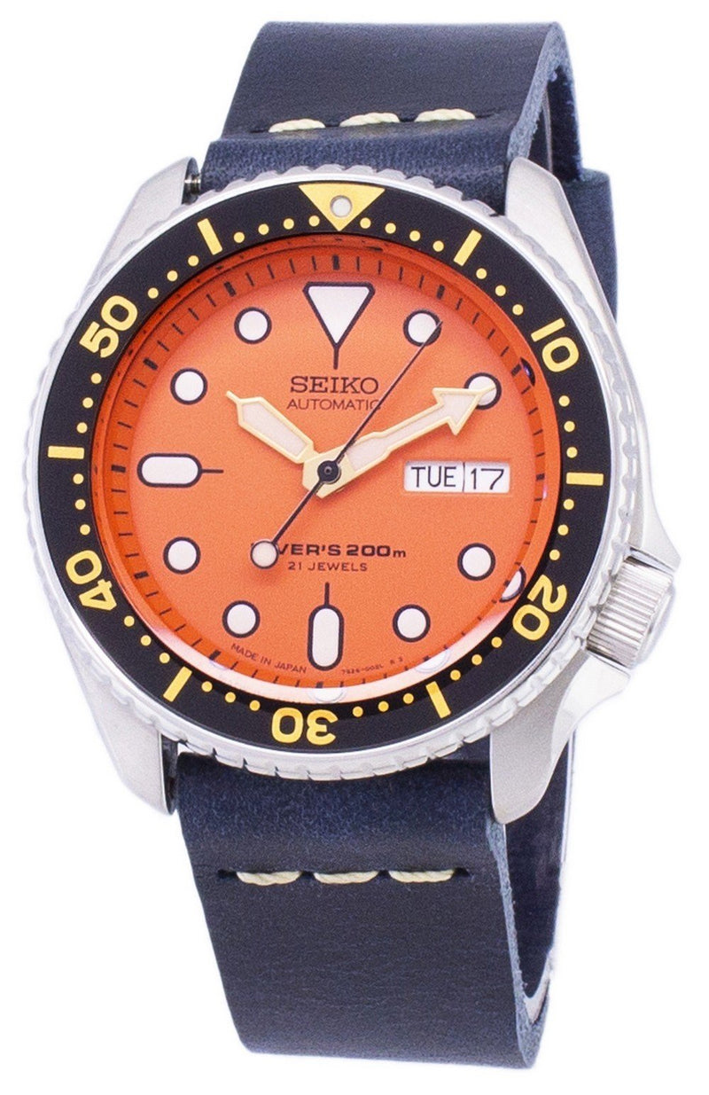 Seiko Automatic SKX011J1-LS15 Diver's 200M Dark Blue Leather Strap Men's Watch-Branded Watches-White-JadeMoghul Inc.