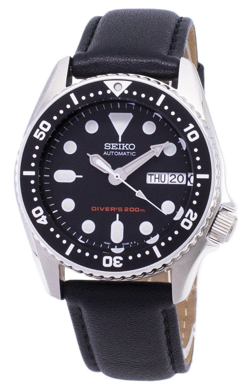 Seiko Automatic SKX013K1-MS5 Diver's 200M Black Leather Strap Men's Watch-Branded Watches-White-JadeMoghul Inc.