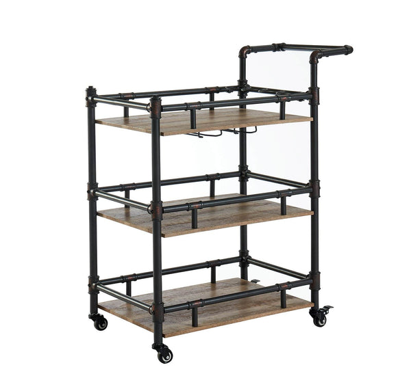 Serving Trays Rustic Three Tier Wood and Metal Serving Cart, Black and Brown Benzara