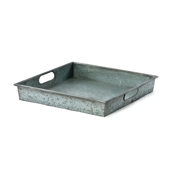 Serving Trays Square Galvanized Metal Tray With Handle, Gray Benzara