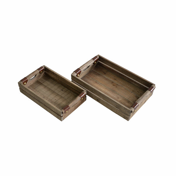 Traditional Wooden Trays with Cutout Handles and Metal Accents, Brown, Set of Two