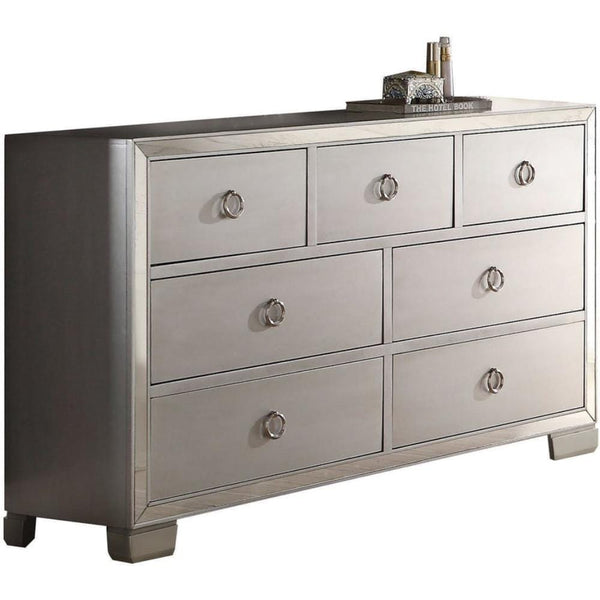 Seven Drawer Dresser With Mirror Insert Front Trim, Platinum-Bedroom Furniture-Gray-Wood Mirror Metal-JadeMoghul Inc.