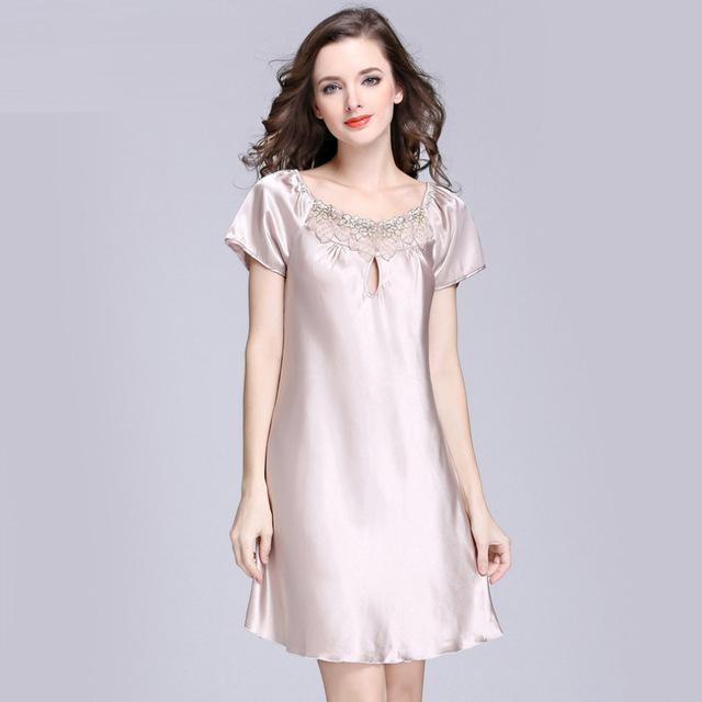 Sexy Night Dress Women Knee Length silk Night Gown With Lace Trimming