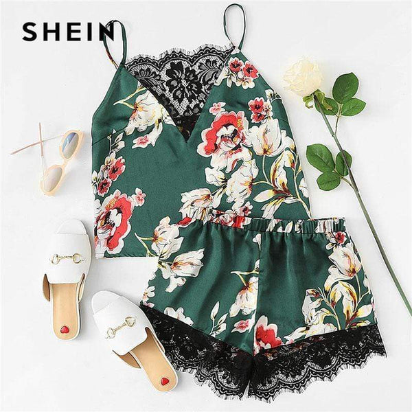 SHEIN Floral Print Lace Cami Top And Shorts Satin Pajama Set 2018 Women Spaghetti Strap Sleeveless Patchwork Elegant Sleepwear AExp