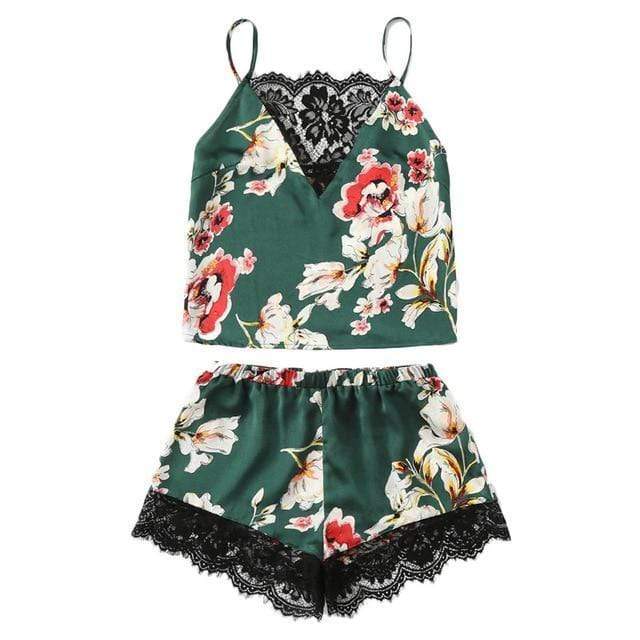SHEIN Floral Print Lace Cami Top And Shorts Satin Pajama Set 2018 Women Spaghetti Strap Sleeveless Patchwork Elegant Sleepwear AExp