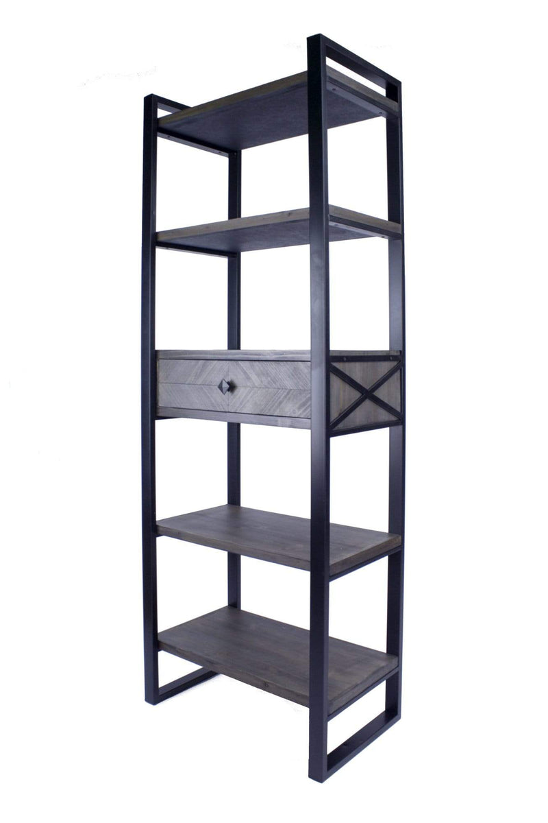 Shelf Shelf with Drawer - 24" X 14'.5" X 67'.25" Natural, Grey Metal, Wood, MDF Modern Shelf, Drawer Bookcase and Display Organizer, Grey HomeRoots