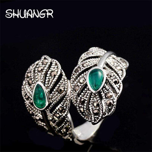 SHUANGR 2017 New Vintage Retro Peacock Feather Unique Ring Angels For Women Antique Silver-Color Top Quality TL065 Free Shipping AExp