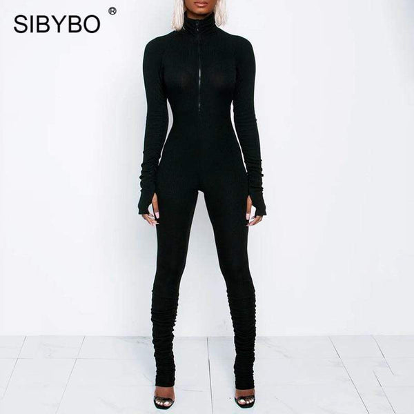 Sibybo Autumn Turtleneck Skinny Casual Jumpsuit Women Long Sleeve Front Zipper Sport Wear Womens Rompers Black Fitness Overalls AExp