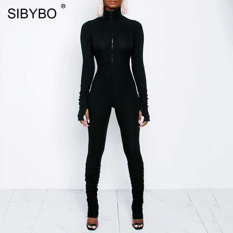 Sibybo Autumn Turtleneck Skinny Casual Jumpsuit Women Long Sleeve Front Zipper Sport Wear Womens Rompers Black Fitness Overalls AExp