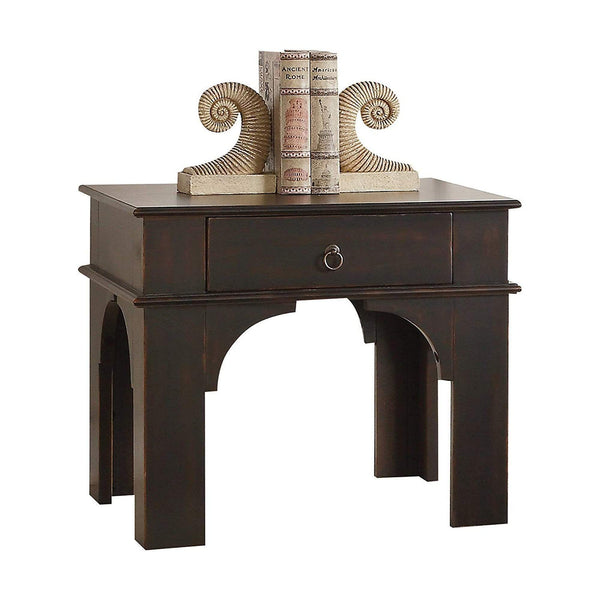 Side and End Tables Rectangular Wooden End Table With Ring Pull Drawer, Antique Espresso Brown Benzara