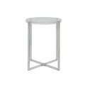 Side and End Tables Round Metal Framed Side Table with Cross Base and Acrylic Top, Silver and Clear Benzara