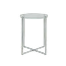 Side and End Tables Round Metal Framed Side Table with Cross Base and Acrylic Top, Silver and Clear Benzara