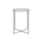 Side and End Tables Round Metal Framed Side Table with Cross Base and Acrylic Top, Silver and Clear Benzara