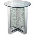 Side and End Tables Round Mirrored Metal End Table with Glass Top and Crystal Accent Base, Silver Benzara