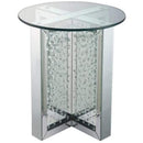 Side and End Tables Round Mirrored Metal End Table with Glass Top and Crystal Accent Base, Silver Benzara