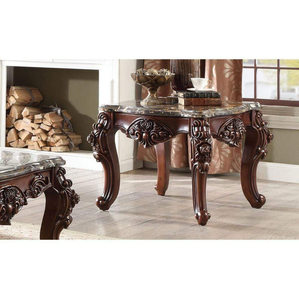 Side and End Tables Scalloped Marble Top End Table With Carved Floral Motifs, Walnut Brown Benzara