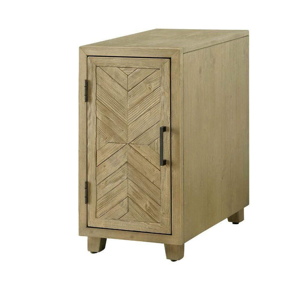 Side and End Tables Solid Wood One Door Side Table with Metal Bar Handle, Light Oak Brown Benzara