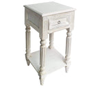 Side and End Tables Spacious Mango Wood Side Table with Metal Ring Handle, Washed White Benzara