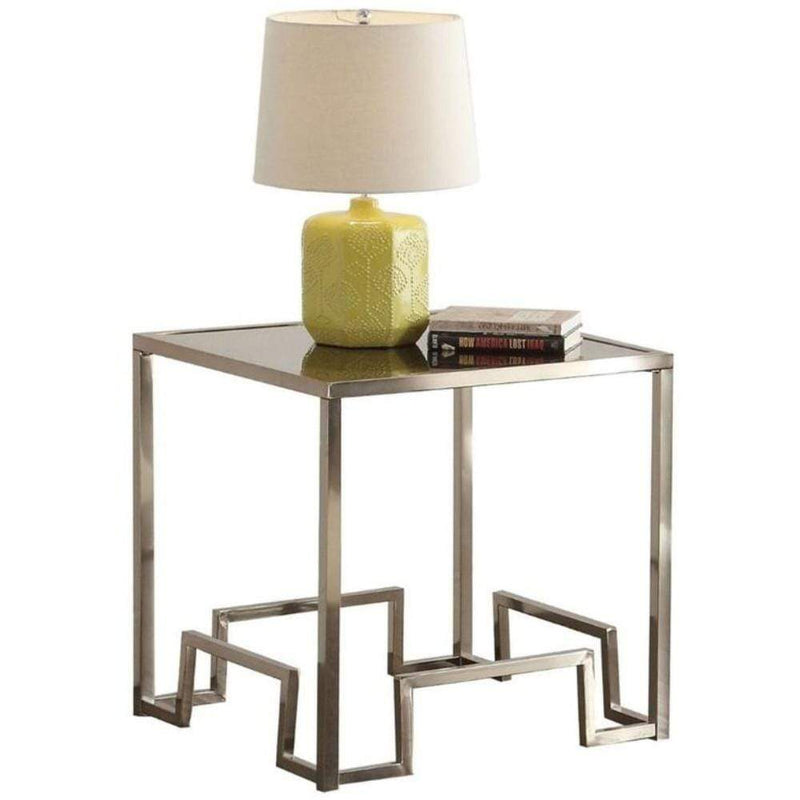 Side and End Tables Square Glass End Table With Geometric Metal Base, Champagne Benzara