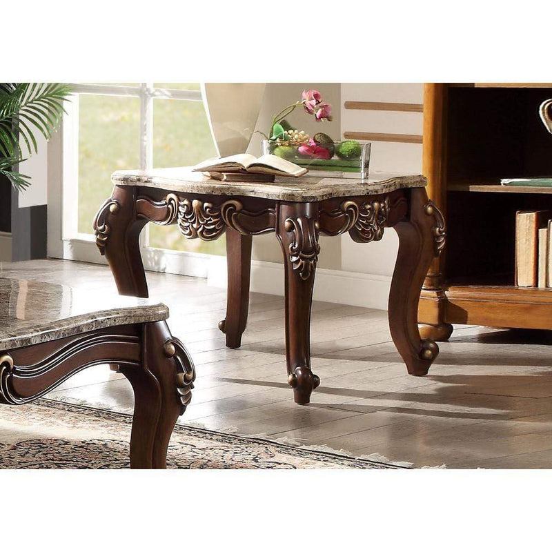 Side and End Tables Square Marble Top End Table With Carved Floral Motifs Wooden Feet, Brown Benzara