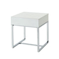 Side and End Tables Square Shape Wooden End Table with One Drawers and Metal Base, White and Silver Benzara