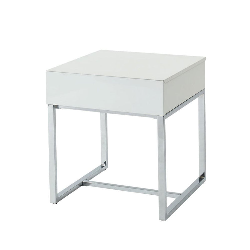 Side and End Tables Square Shape Wooden End Table with One Drawers and Metal Base, White and Silver Benzara