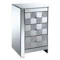 Three Drawer Mirrored Side Table with Checkered Front Panel, Silver